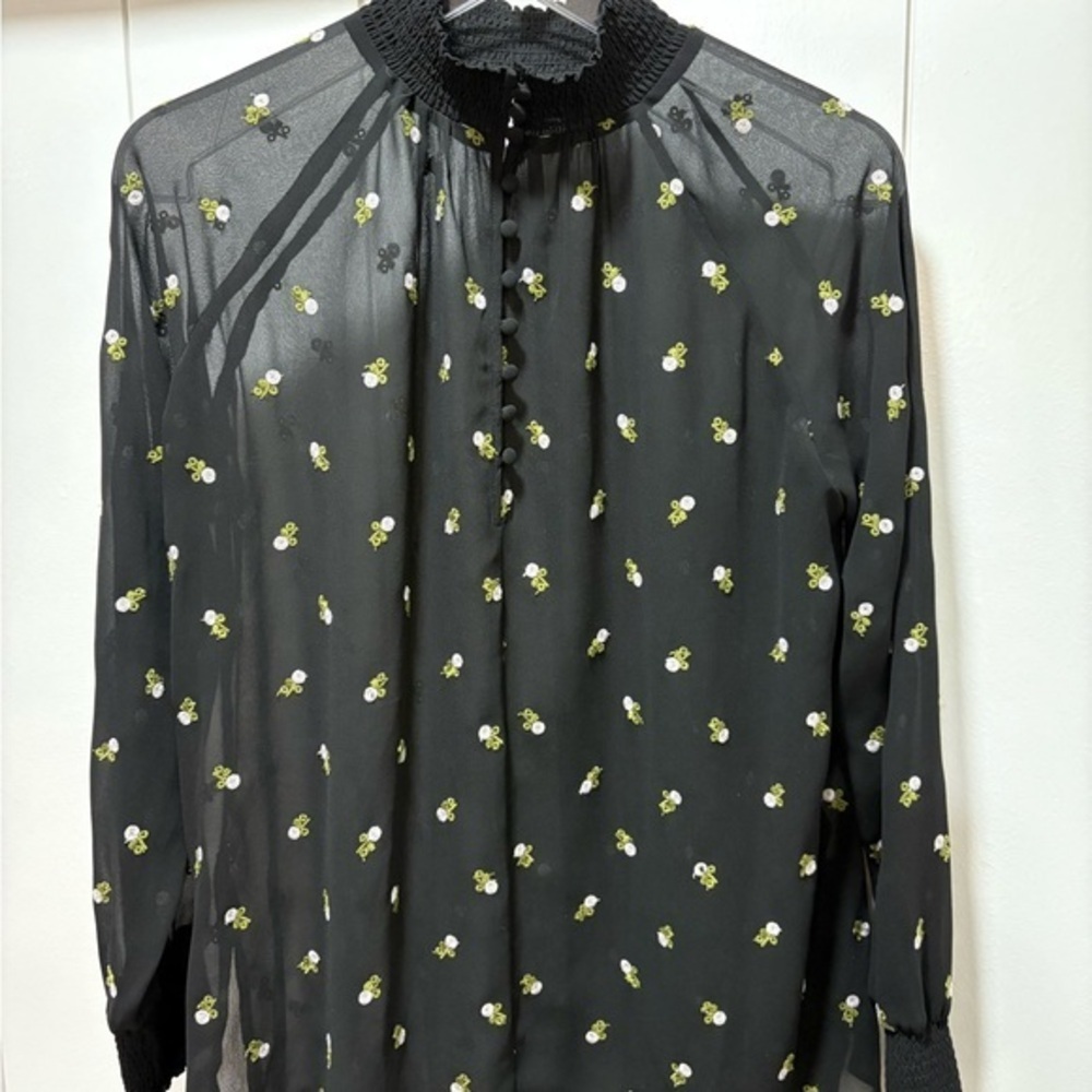 Cabi Long Sleeve Blouse Shirt High Neck embroidered floral Small Sheer Size XXS